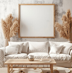 Stylish living room interior with a blank picture frame sofa and