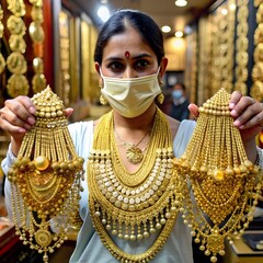 New Delhi, India- November 12 2020: woman holding of gold neckless display at jewellery shop, of golden necklace set for sale at a store