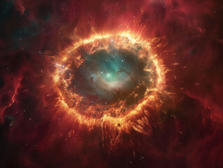 Wall Mural - Majestic Ring Nebula Centered on a Burgundy Background: Witness a Supernova Remnant