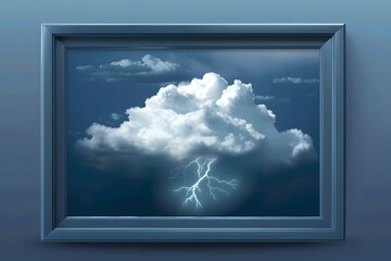 Dramatic thunderstorm with solitary lightning strike against dark blue cloudy sky framed.