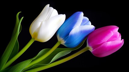 Wall Mural - Three tulips of different colors are arranged in a row. The flowers are white, blue, and pink. The arrangement is simple and elegant, with the flowers standing upright and the green stems visible