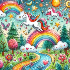 Wall Mural - 137 86 Children's drawing of a magical forest with unicorns and