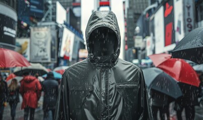 man in black raincoat with hood on New York street surrounded by people with umbrellas, close-up shot with high resolution photography