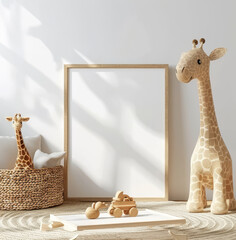 Minimalist nursery interior with a wooden frame mockup straw gir