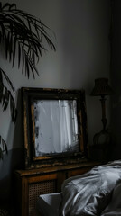 Wall Mural - Ornate antique mirror reflecting soft light in dark bedroom