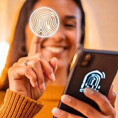 Wall Mural - Person Unlocking Smartphone with Fingerprint - Unlocking Device with Finger - Scanning of Biometric Data - Hardware Identifying and Measuring Finger - Password for Mobile Phone - Privacy Protection