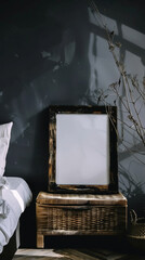 Poster - Mysterious room with an empty picture frame on a vintage wooden