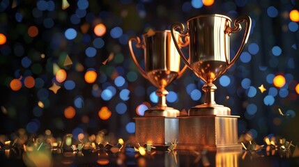 Two golden trophies with confetti on a dark background. Perfect for success, achievement, and award concepts.