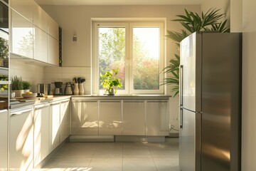 Poster - modern kitchen in a house with tile floor.