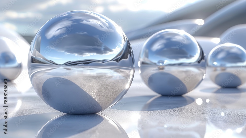 Shiny metallic spheres reflecting blue sky and clouds on a white ...