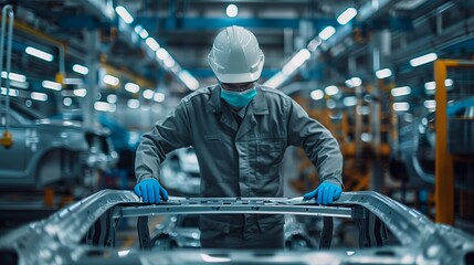 worker with hard hat and blue gloves working on car frame in factory