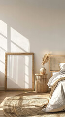 Wall Mural - Minimalist bedroom interior with natural light and a wooden fram