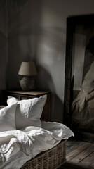 Poster - Vintage bedroom interior with white bedding and dim lighting