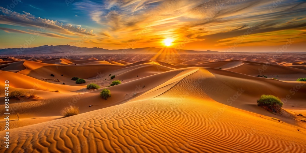 Vibrant orange hues illuminate a vast expanse of sandy dunes as the sun ...