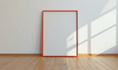 Poster - Minimalist red frame mockup leaning against a white wall with su