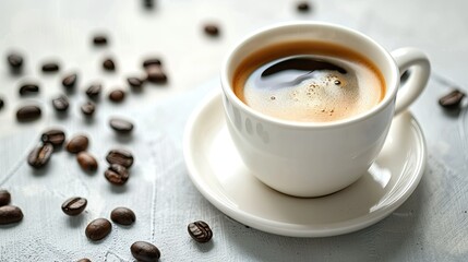 Coffee cups and coffee beans on white background, top view