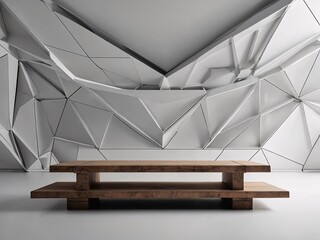 Sticker - Futuristic white stage with simple lines, polygons, and wood shelf for display