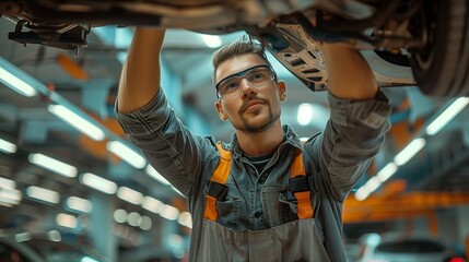 Sticker - A mechanical engineer is repairing the car in the garage