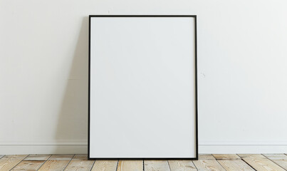 Poster - Blank picture frame on wooden floor and white concrete wall back