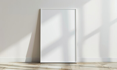 Poster - Blank picture frame on wooden floor by white wall with soft sunl