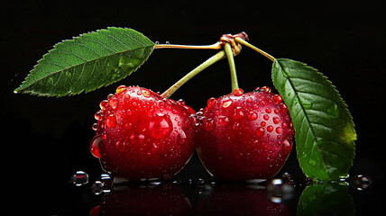 Wall Mural - Two Fresh Red Cherries With Green Leaves