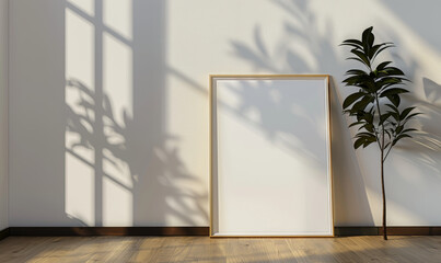 Poster - Minimalist mockup with a blank frame and a potted plant in a bri