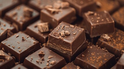 Wall Mural - Close-Up of Delicious Chocolate Squares with Chocolate Shavings