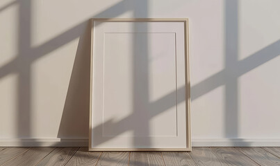 Poster - Wooden photo frame on the floor with sunlight and shadows on the