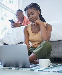 Canvas Print - Black couple, laptop and phone with relax in home for streaming multimedia, networking and connection. African people, internet and technology in bedroom for communication, news app and online scroll