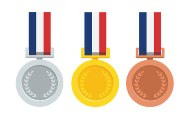 Three medal with gold madel and silver, bronze madel and red ribbon. vector illustration