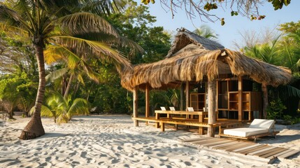 secluded beach pavilion set up as a temporary office, with eco-friendly materials and a thatched roof