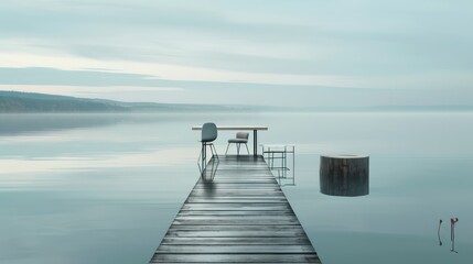  tranquil workspace on a dock extending into a lake, with a minimalist desk and chair set against the backdrop of calm waters and distant hills