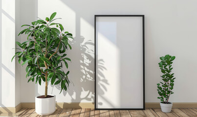 Poster - Bright indoor space with potted plants and a blank picture frame