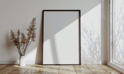 Wall Mural - Minimalist interior with blank frame mockup and dried flowers in