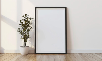 Wall Mural - Minimalist interior design with a blank photo frame and a potted