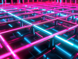 Wall Mural - A close-up of a metal grid with neon lights