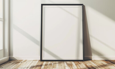 Poster - Blank frame on the wooden floor near the wall with sunlight and