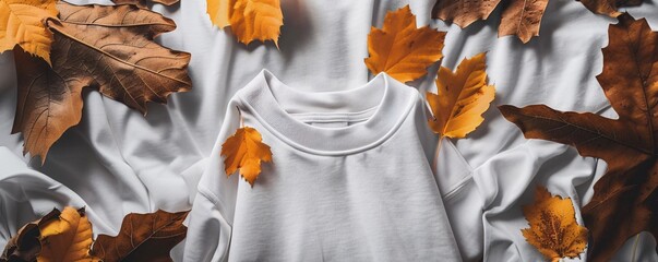 Wall Mural - White t-shirt on white bed linen adorned with vibrant autumn leaves