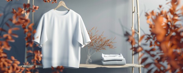 Wall Mural - White t-shirt hanging on a wooden clothes rack with folded shirts and dried flowers in a vase, clothing mockup for apparel brand