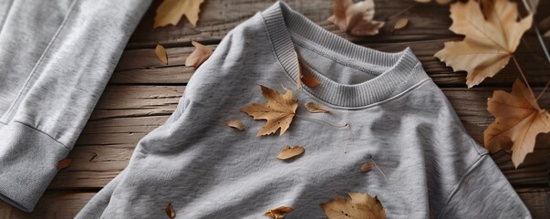 Wall Mural - Gray sweatshirt lying on a rustic wooden background with colorful autumn leaves