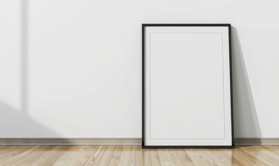 Sticker - Minimalist black frame mockup on the wooden floor with white wal