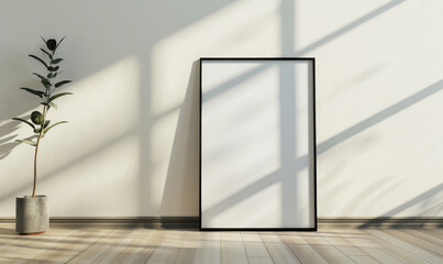 Sticker - Minimalist black frame mockup with shadows and plant on wooden f