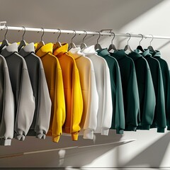 Wall Mural - Colorful hoodies hanging on a clothes rack in a fashion store