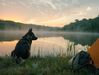 Poster - Dog beside tent in nature