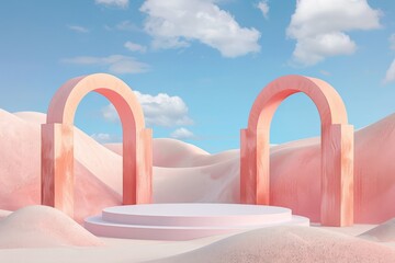 Poster - This tranquil image presents pastel-colored arches on a serene sandy landscape under a lightly clouded sky, emitting calm and peaceful vibes through its simplicity and elegance.
