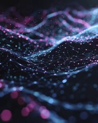 Wall Mural - abstract background with moving lines and dots creating cyber landscape
