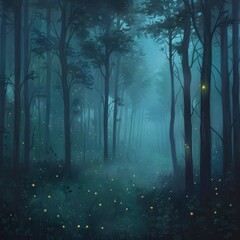 Foggy forest trees with artistic fireflies in cyan blue. Fairytale forest with magical fog.