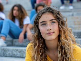 A young woman with freckles sits on steps, relaxed and smiling