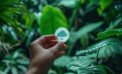 Wall Mural - Hand holding round sticker with green cloud and CO2 symbol on blurred plant background eco concept.