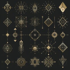 Wall Mural - Sacred symbols in gold and white on a black background. Modern design.